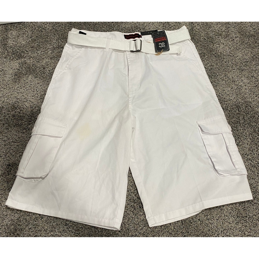 Cargo Shorts Mens Belted Sacred Crown White 34 NEW WITH IMPERFECTIONS